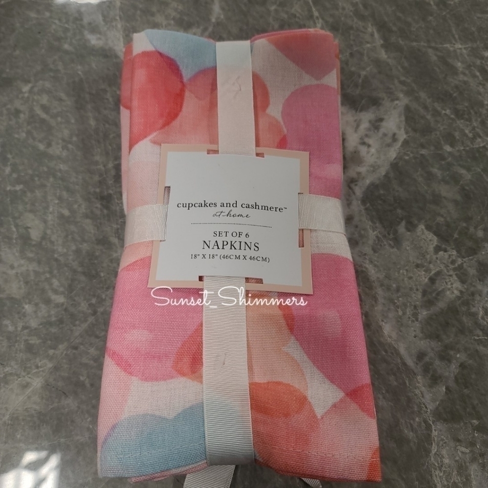 6pc Set Cupcakes & Cashmere Watercolor Valentine Hearts Cloth Dinner Napkins New